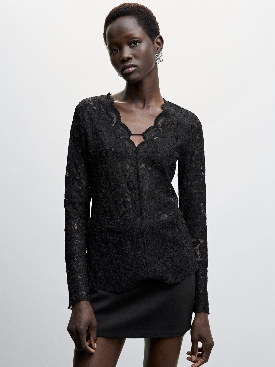 

MANGO Self Design Lace Sheer Top, Black