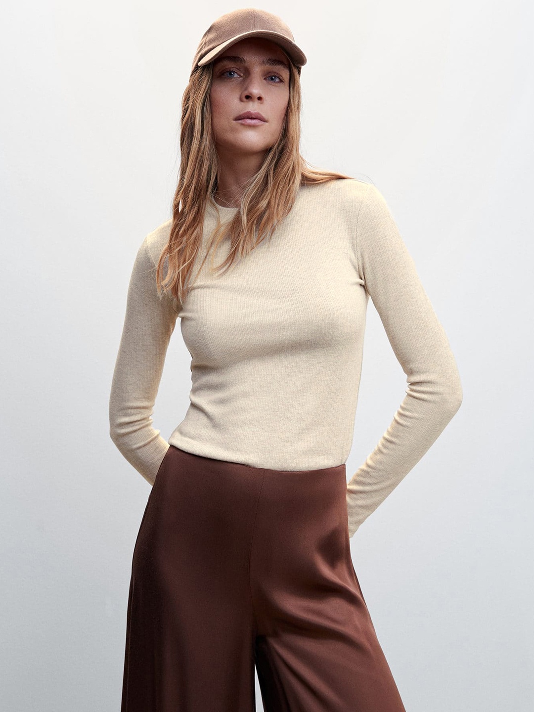 

MANGO Solid Ribbed Knitted Sustainable Top, Cream