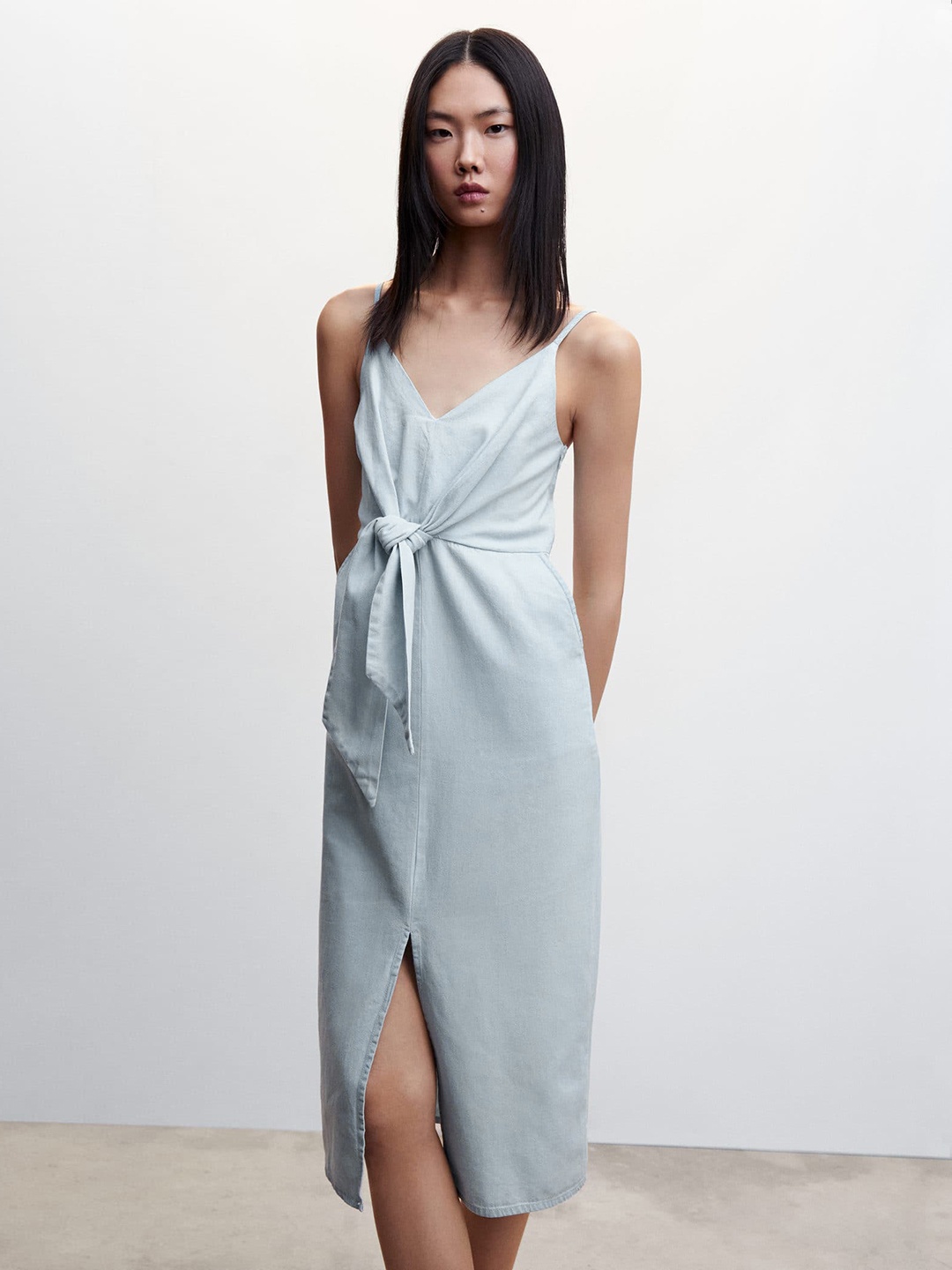 

MANGO Sustainable Cotton Off-Shoulder Denim A-Line Midi Dress, Blue