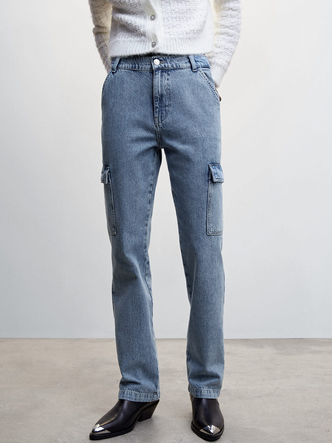 

MANGO Sustainable Mid Rise Straight Jeans With Cargo Pocket Detailing, Navy blue