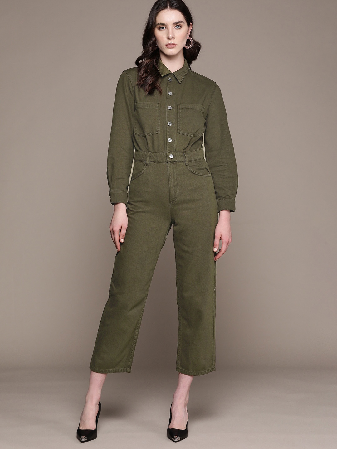 

MANGO Sustainable Pure Cotton Denim Basic Jumpsuit, Olive