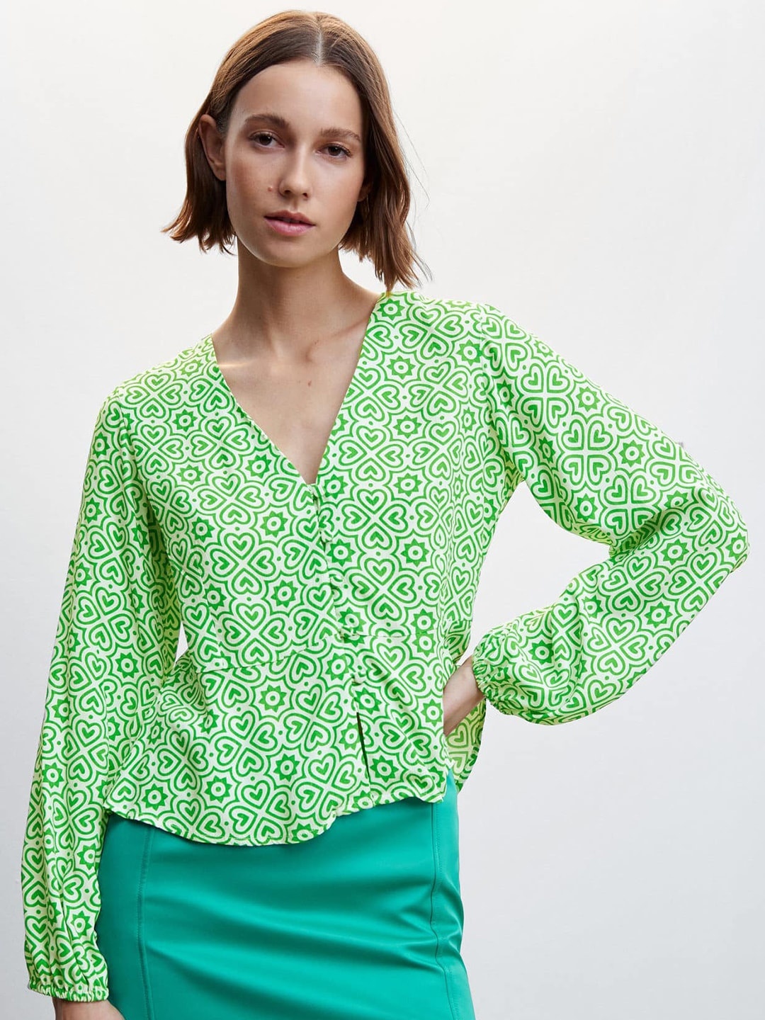

MANGO V-Neck Conversational Print Top, Green