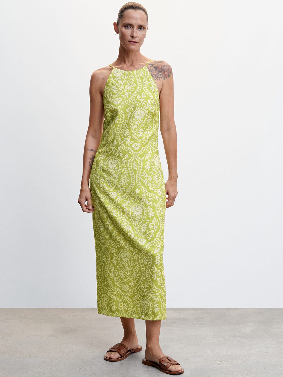

MANGO Sustainable Ethnic Motifs Print Maxi Dress with Cut-Out Back, Green