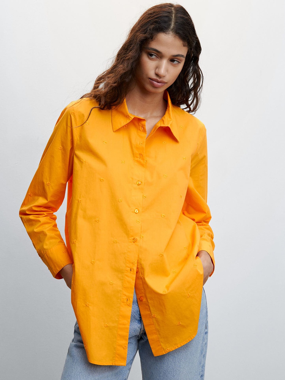 

MANGO Pure Cotton Embroidered Floral Casual Sustainable Shirt, Yellow