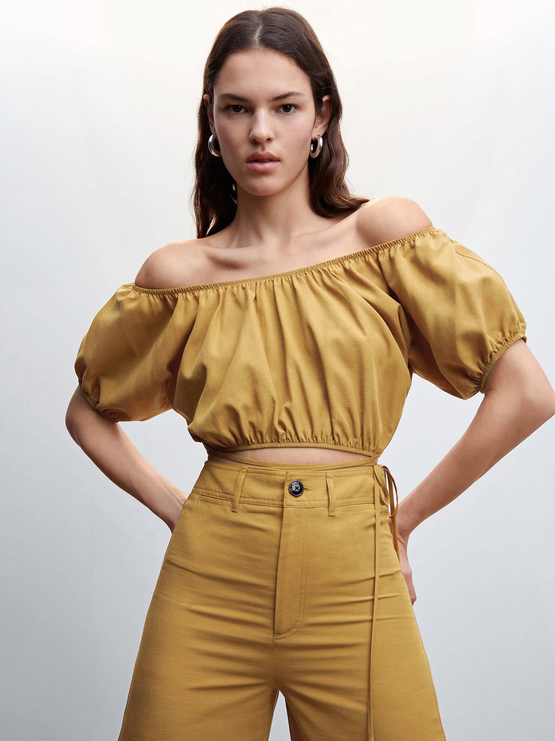 

MANGO Off-Shoulder Bardot Crop Top, Mustard