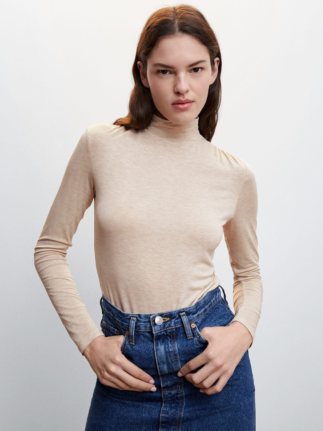 

MANGO Turtle Neck Long Sleeve Sustainable T-shirt, Beige