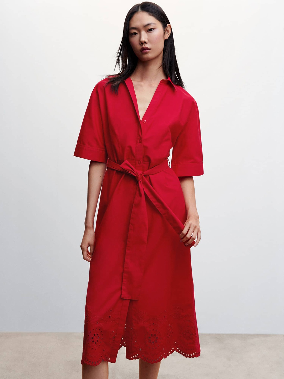 

MANGO Cotton Schiffli Detail Shirt Midi Dress With Belt, Red