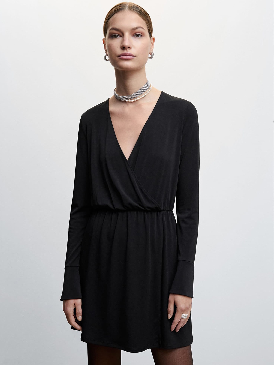 

MANGO Wrap Neckline Mini Dress, Black