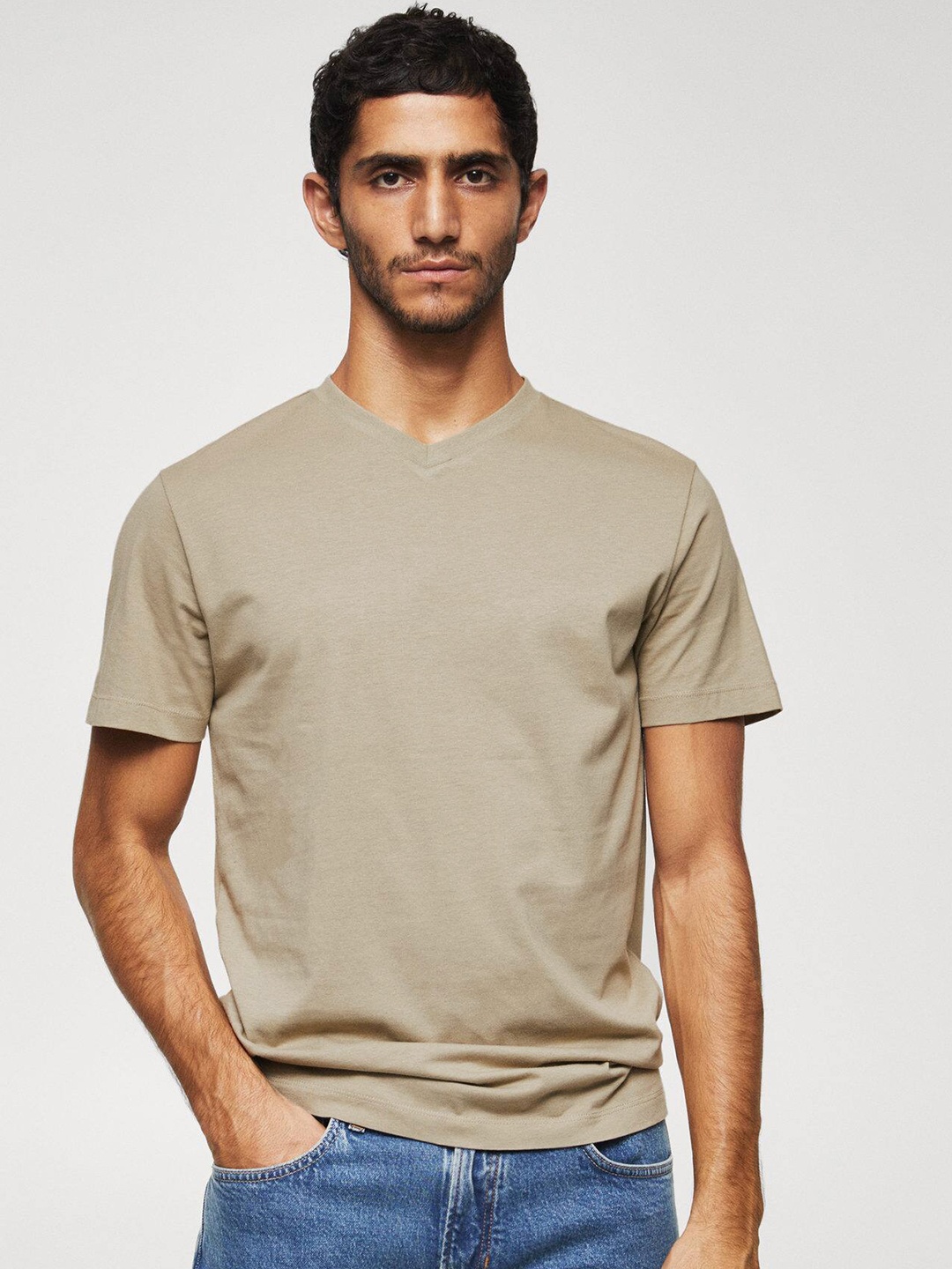 

MANGO MAN V-Neck Sustainable Cotton T-shirt, Beige