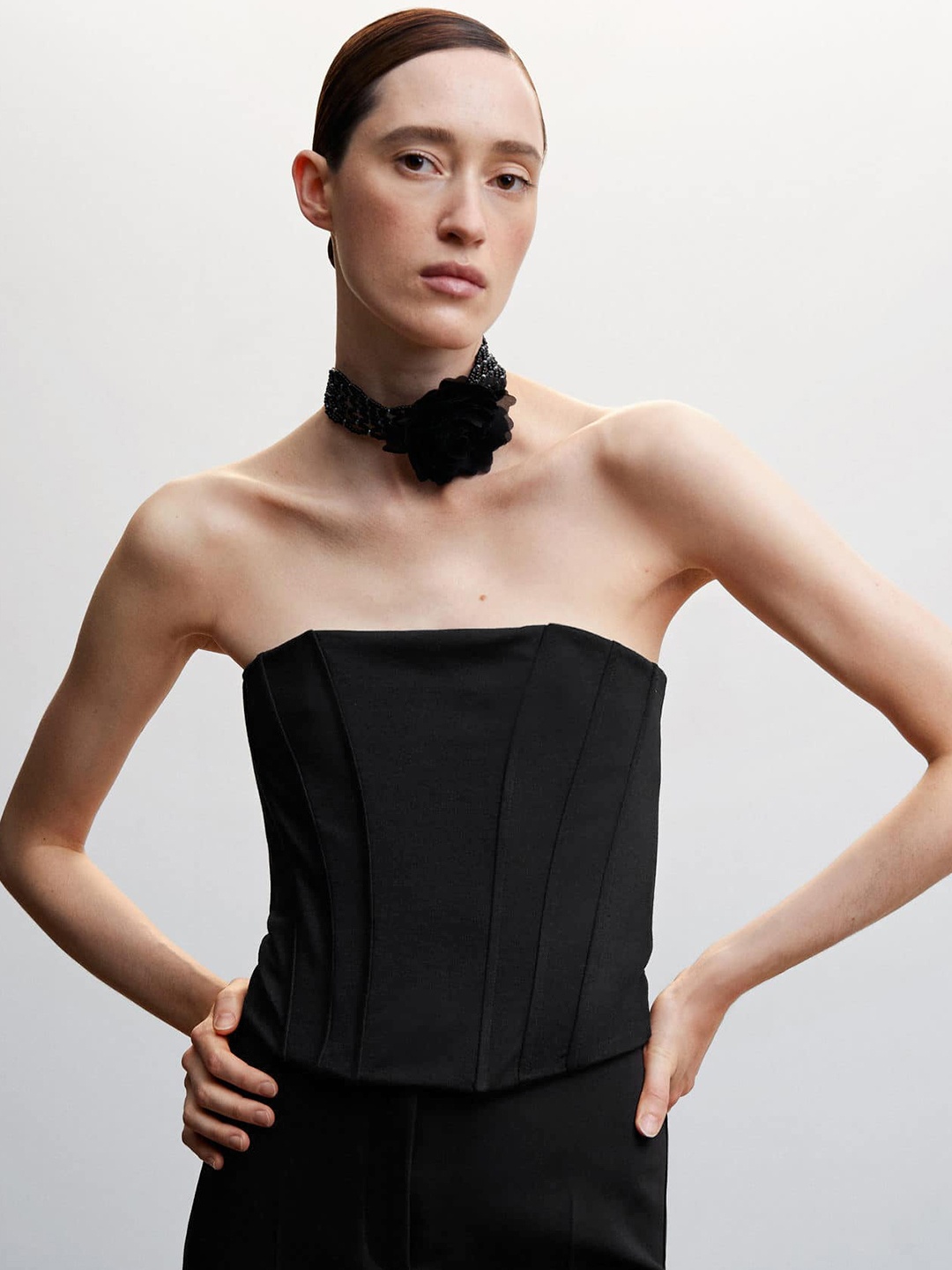 

MANGO Corset Style Crop Top, Black