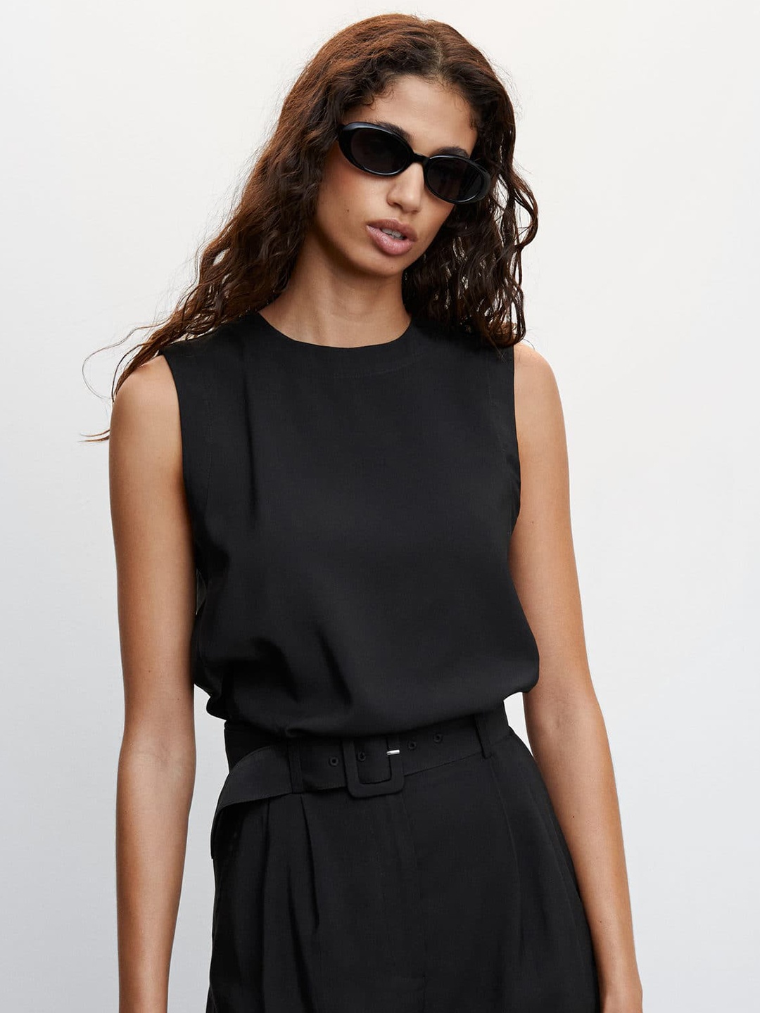 

MANGO Round Neck Sleeveless Top, Black