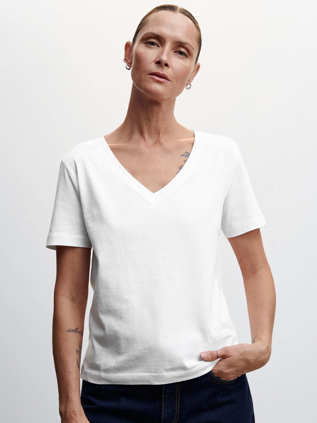 

MANGO V-Neck Pure Cotton T-shirt, White