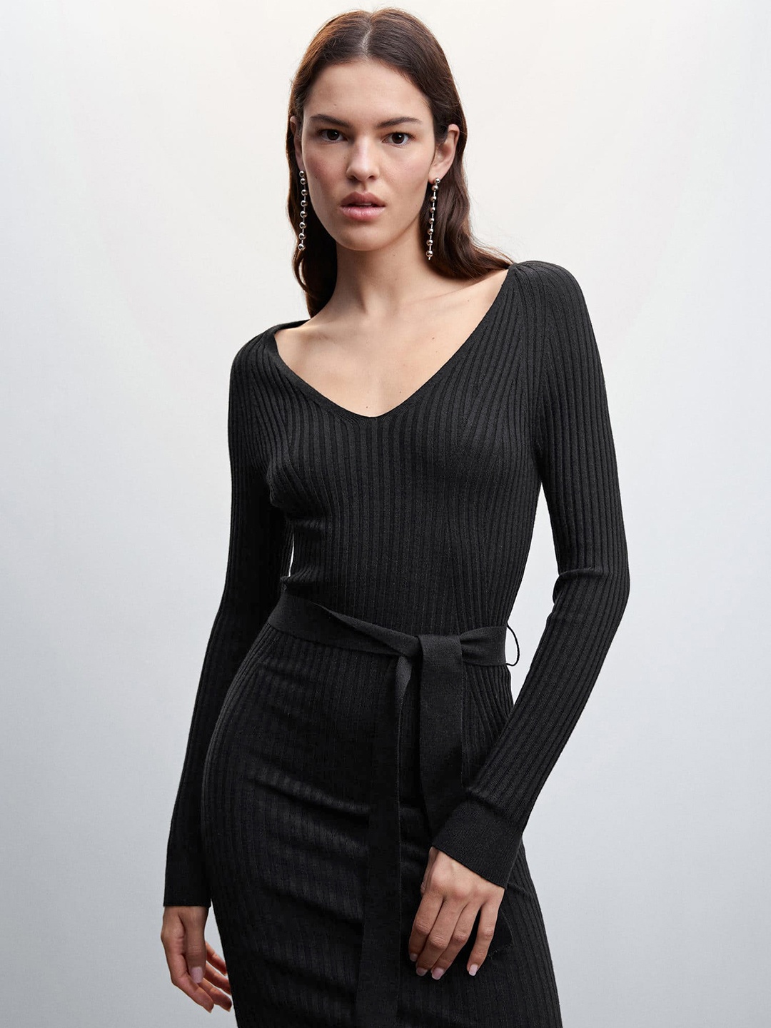 

MANGO Ribbed Bodycon Midi Dress With Belt, Black