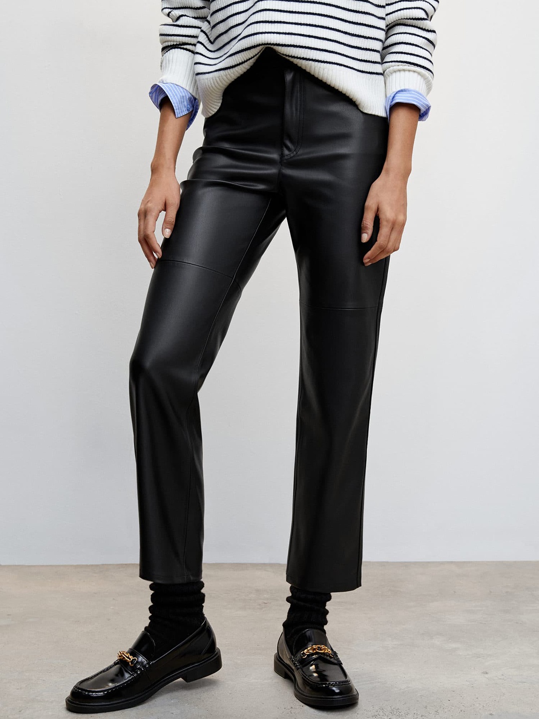 

MANGO Women Straight Fit Coated Trousers, Black