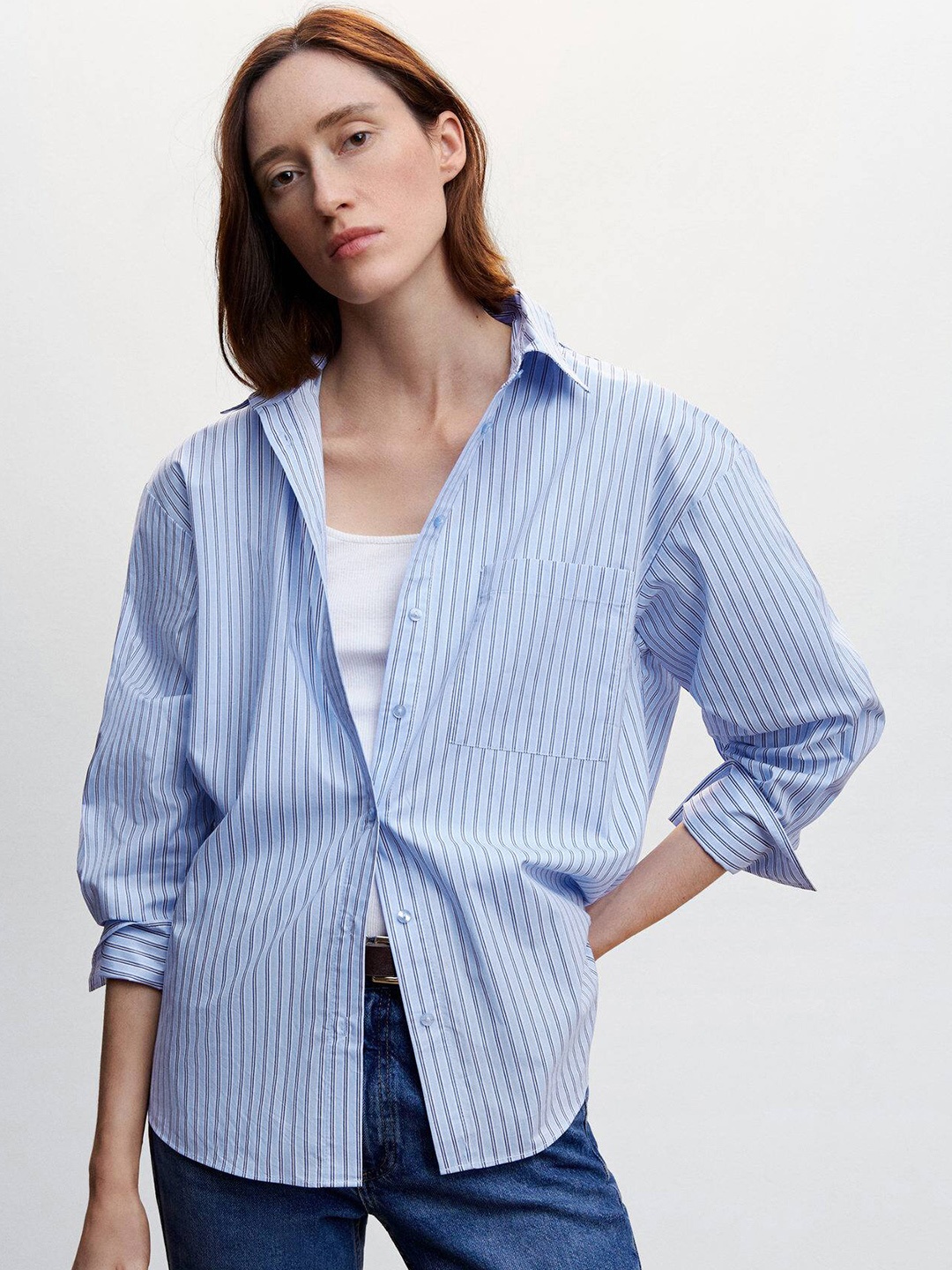 

MANGO Women Cotton Striped Oversized Shirt, Blue