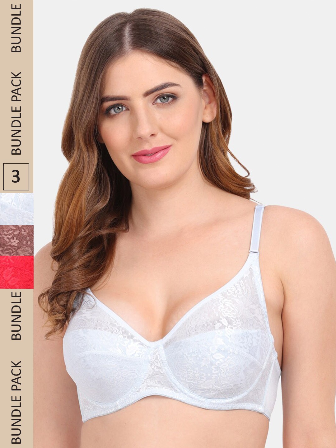 

Amour Secret Pack of 3 Non-Padded Underwired Push-up Bra B401_Bwn_Red_Sblu, Brown