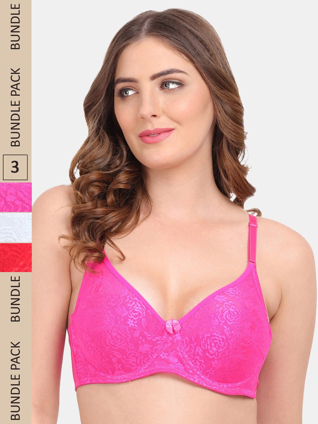 

Amour Secret Pack of 3 Non-Padded Underwired Push-up Bra B401_Pnk_Red_Sblu, Pink