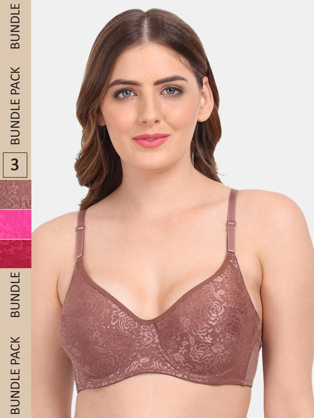 

Amour Secret Pack of 3 Underwired Non-Padded Bra B401_Bwn_Mrn_Pnk, Brown