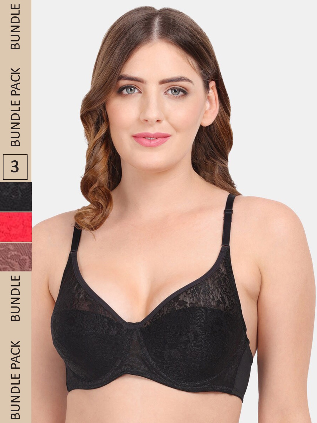 

Amour Secret Pack Of 3 Self Design Non Padded Underwired Bra, Black