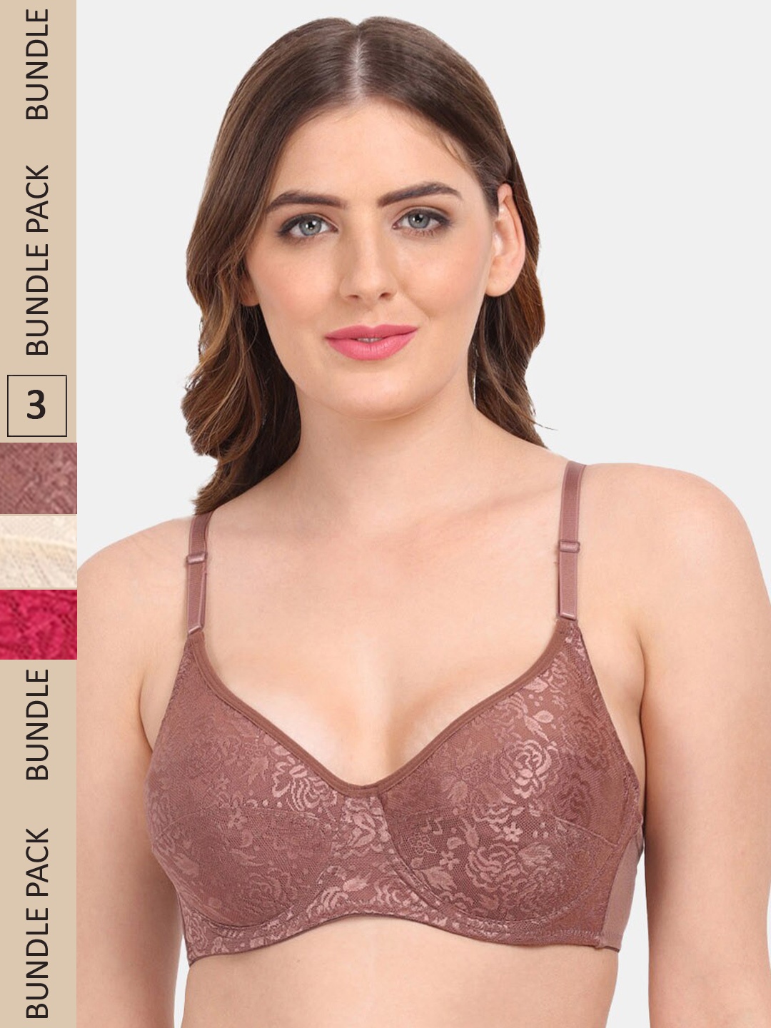 

Amour Secret Pack Of 3 Self Design Non Padded Underwired Bra, Taupe