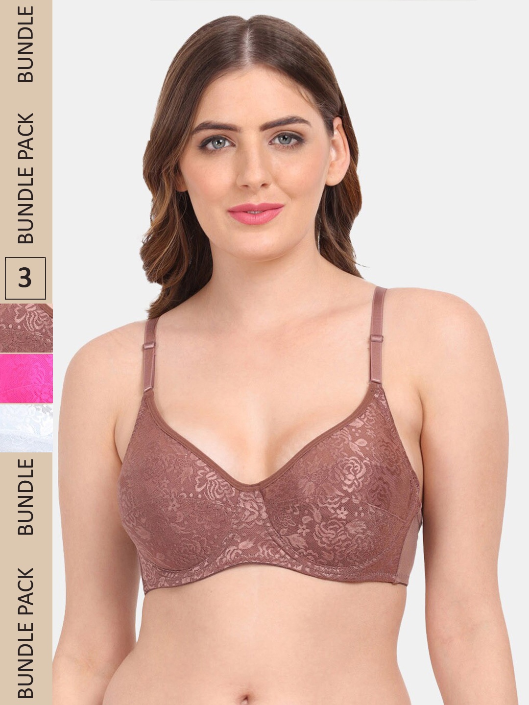 

Amour Secret Pack of 3 Non-Padded Underwired Push-Up Bra, Brown