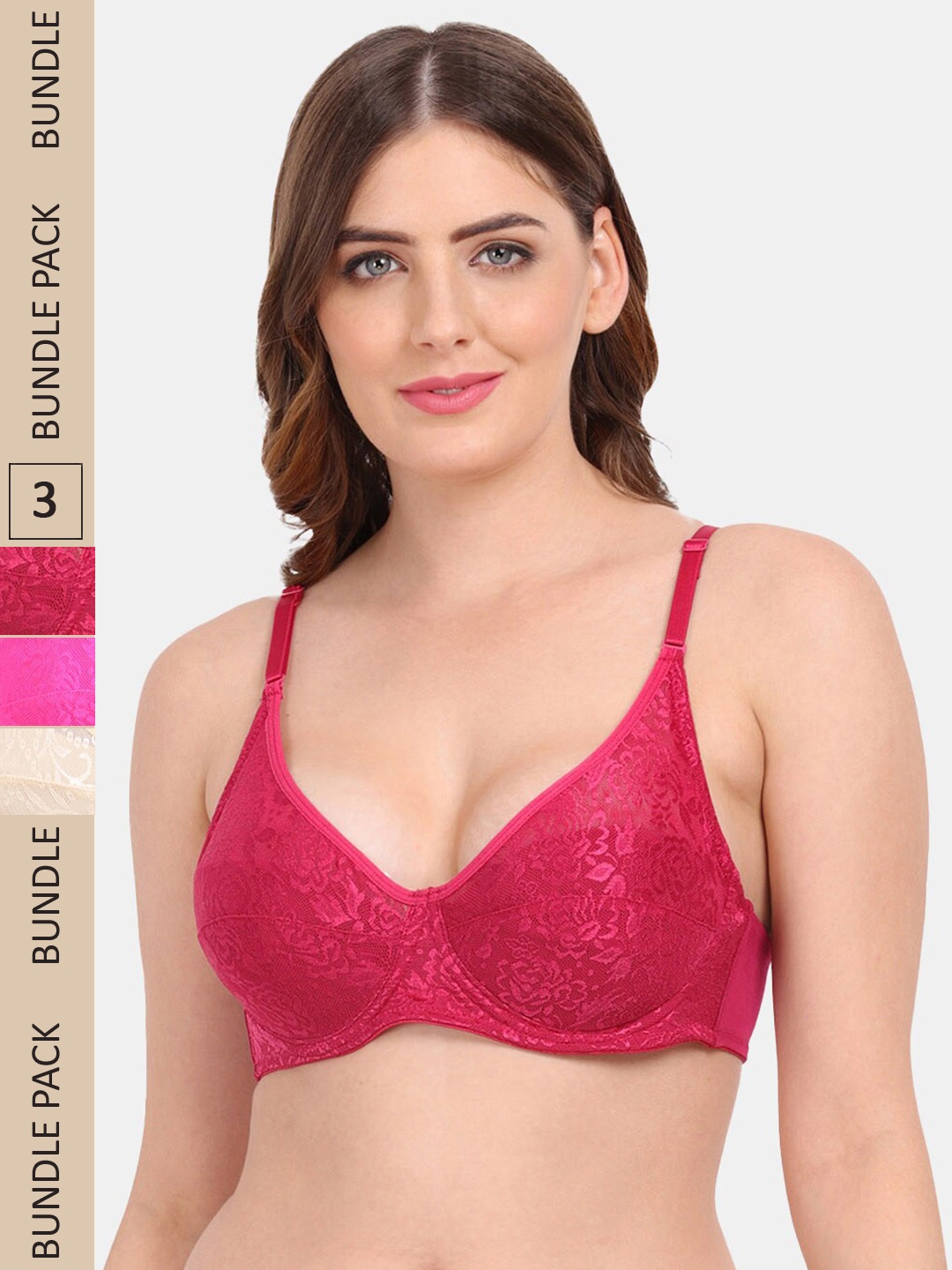 

Amour Secret Pack of 3 Non-Padded Underwired Push-Up Bra, Pink