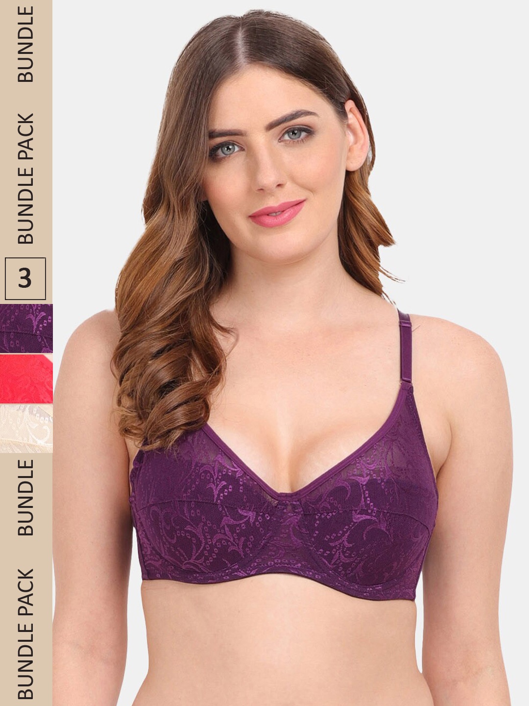 

Amour Secret Pack of 3 Non-Padded Underwired Push-Up Bra, Purple