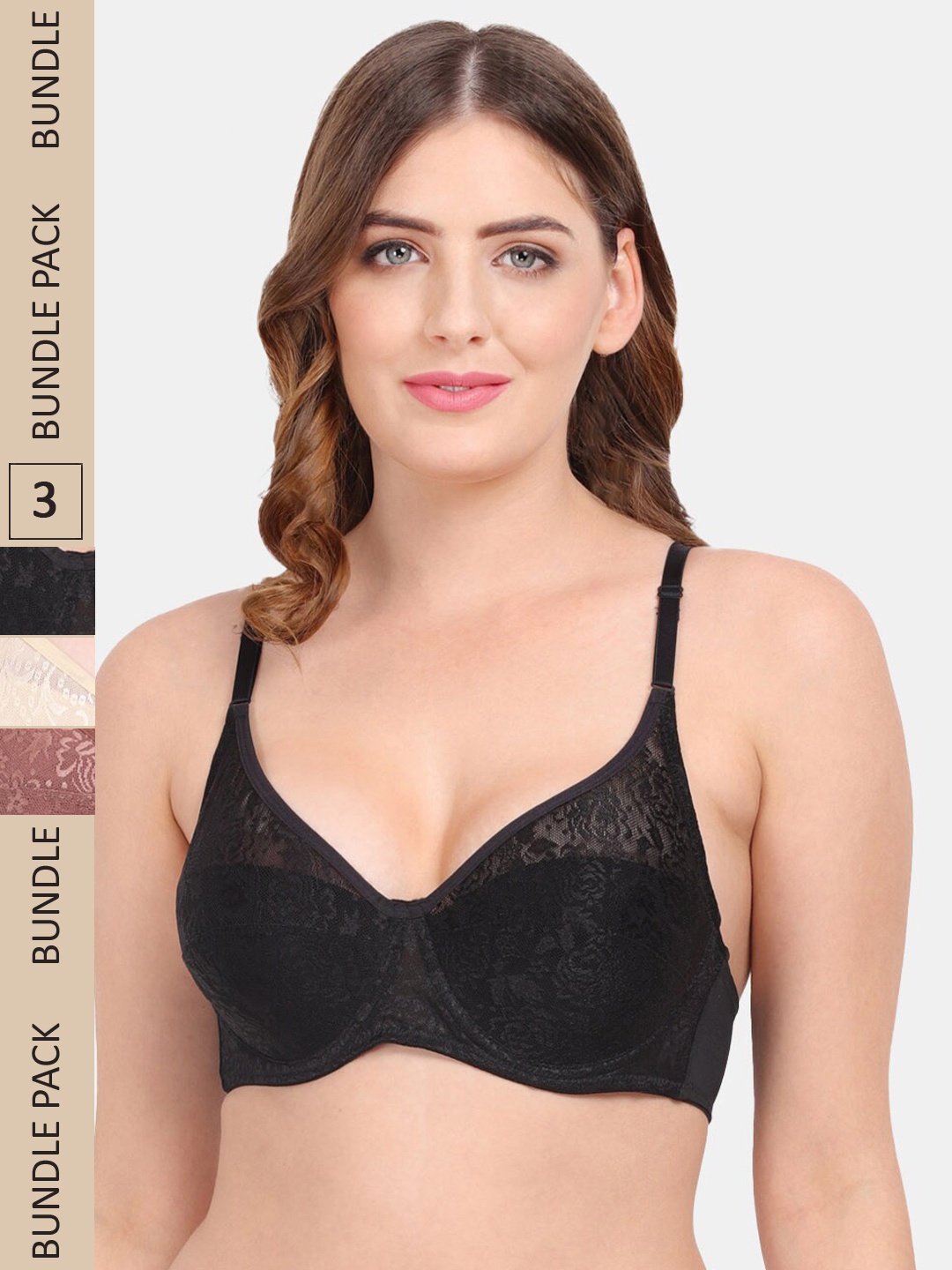 

Amour Secret Pack of 3 Floral Underwired Bra, Black