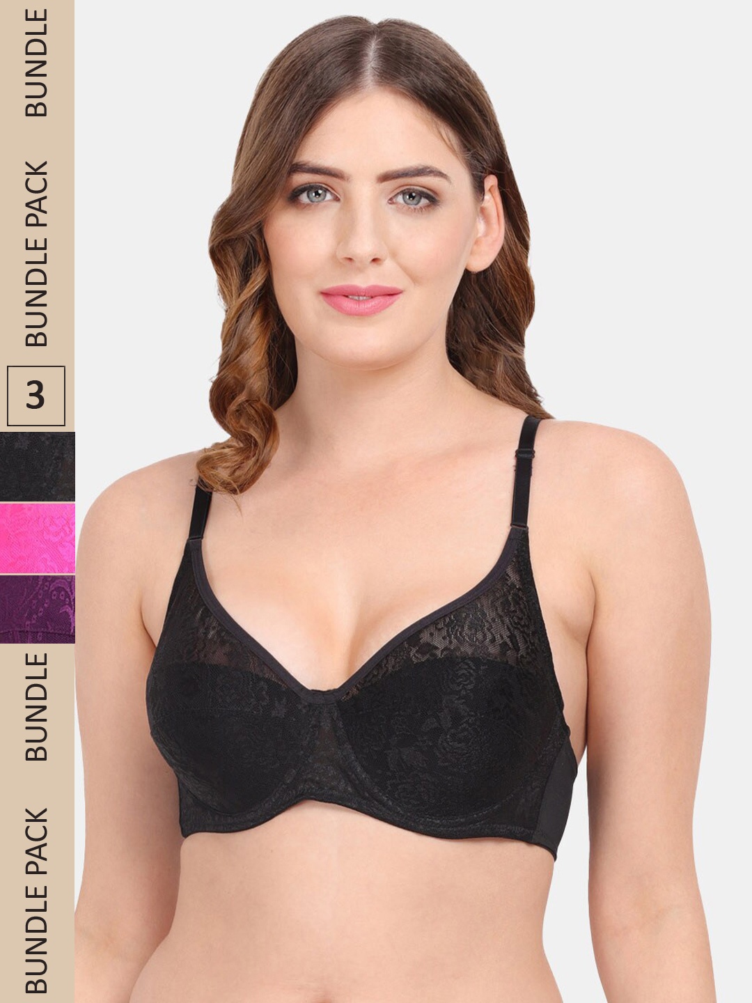 

Amour Secret Pack of 3 Floral Underwired Bra, Black