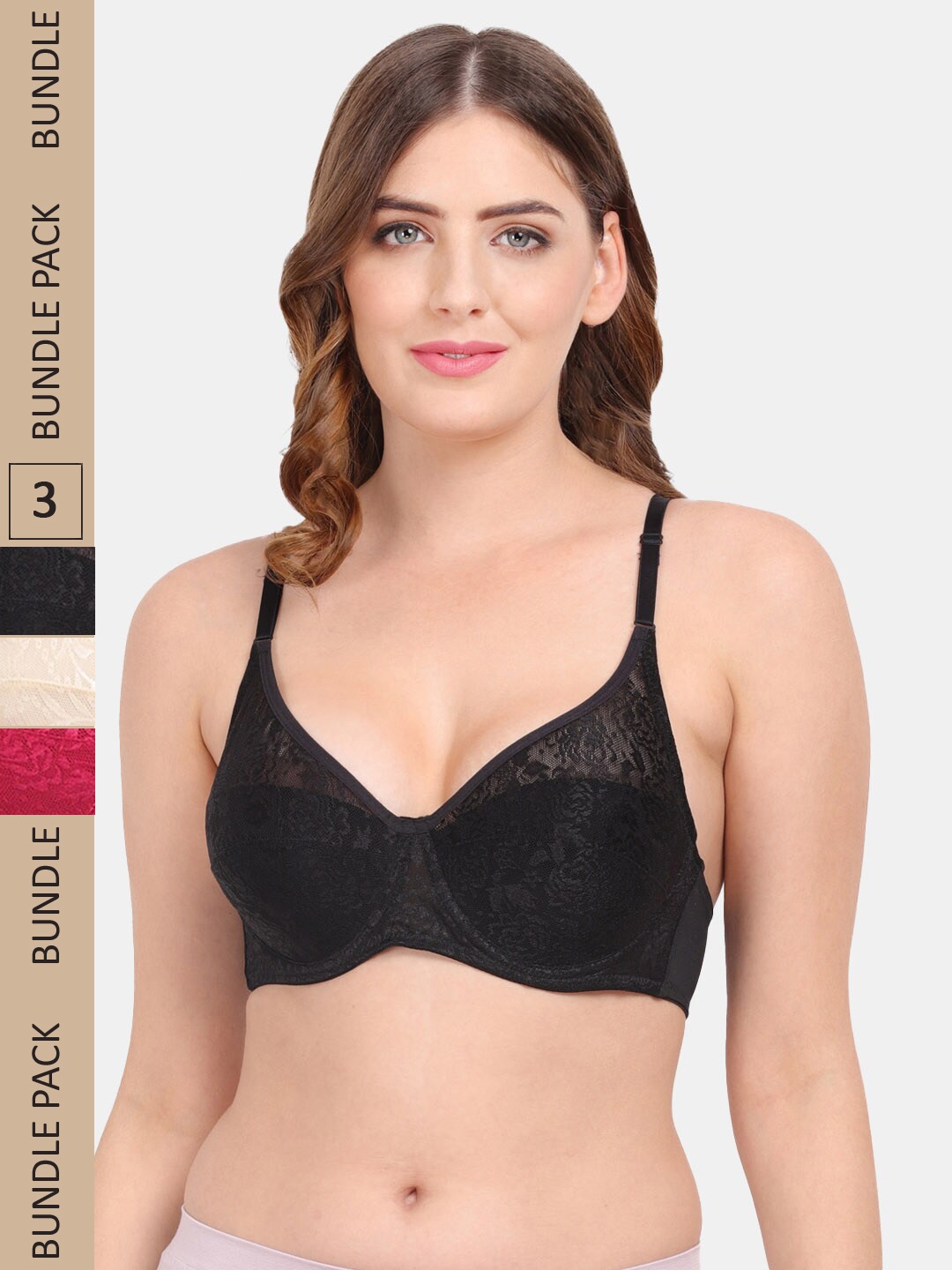 

Amour Secret Pack Of 3 Non-Padded Underwired Push-up Lace Bra, Black