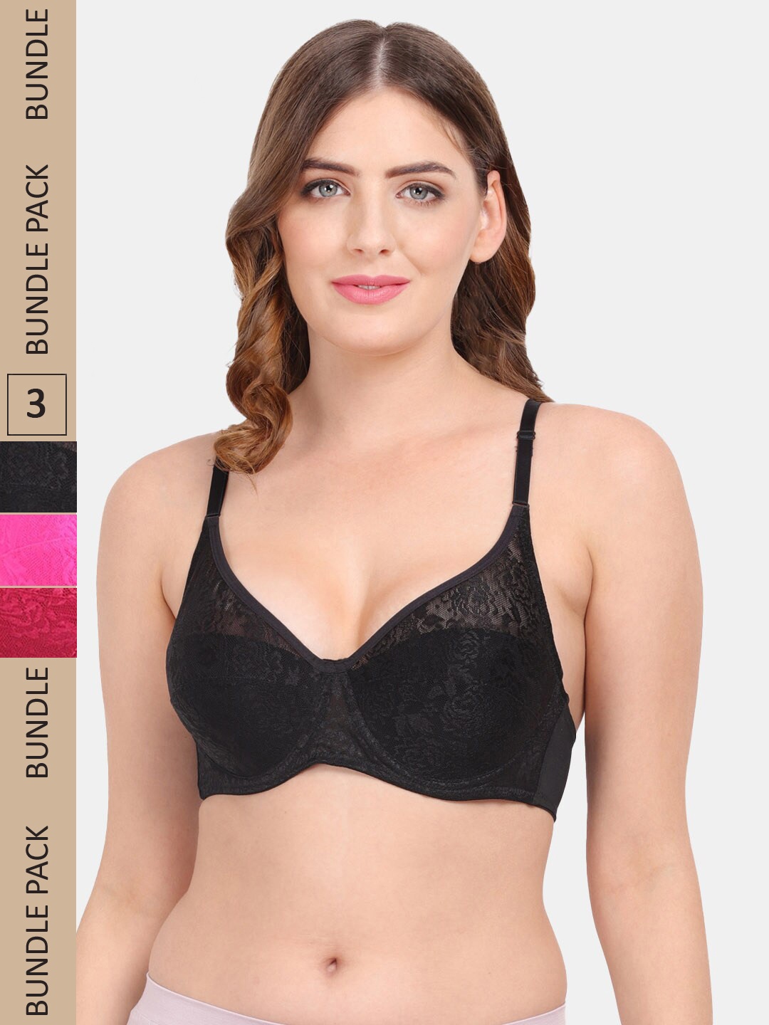

Amour Secret Pack Of 3 Non-Padded Underwired Push-up Lace Bra, Black