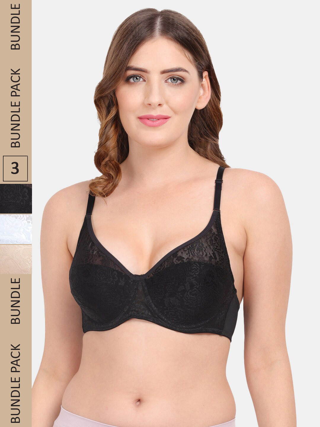 

Amour Secret Pack Of 3 Non Padded Underwired Push-up Lace Bra, Black