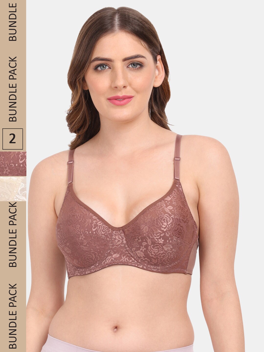 

Amour Secret Pack Of 2 Non Padded Underwired Push-up Lace Bra, Brown