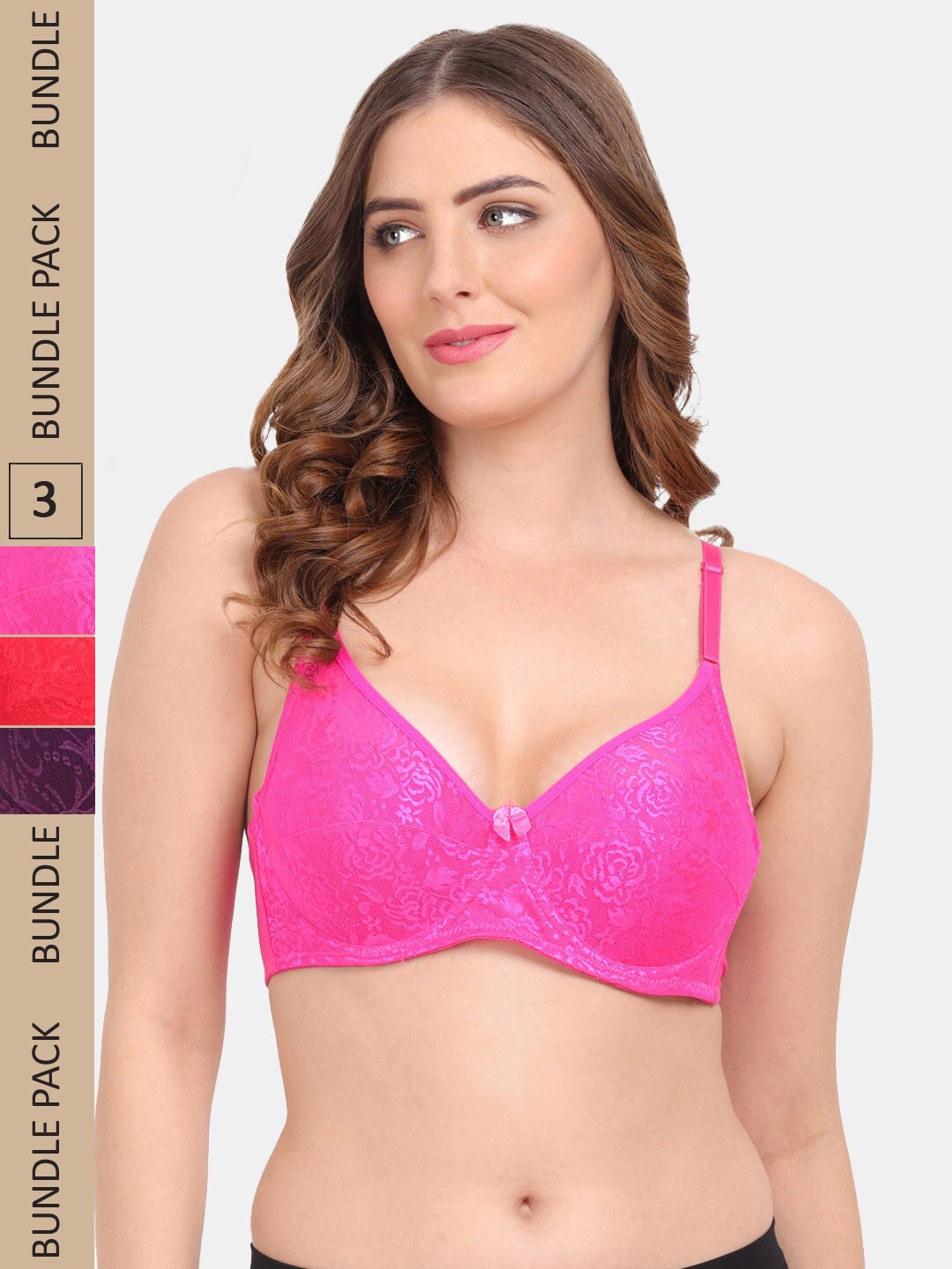 

Amour Secret Pack Of 3 Non Padded Underwired Push-up Lace Bra, Red
