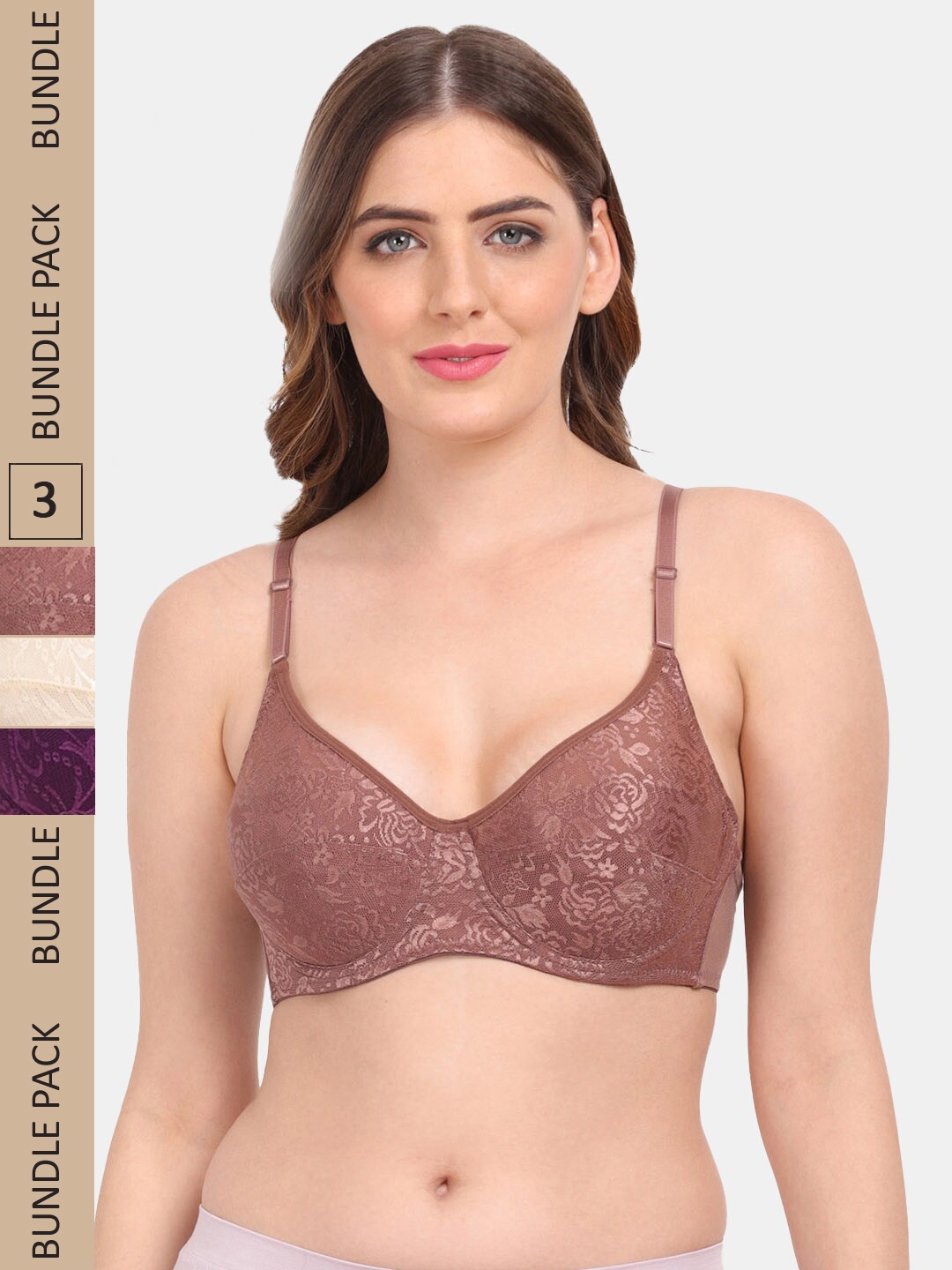 

Amour Secret Pack Of 3 Non-Padded Underwired Push-up Lace Bra, Brown