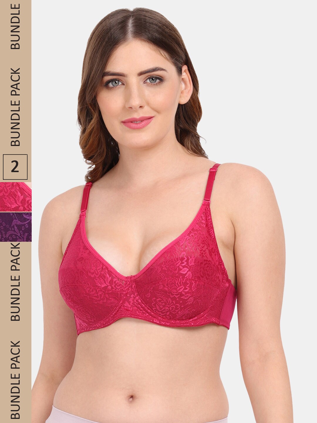 

Amour Secret Pack Of 2 Non-Padded Underwired Push-up Lace Bra, Maroon