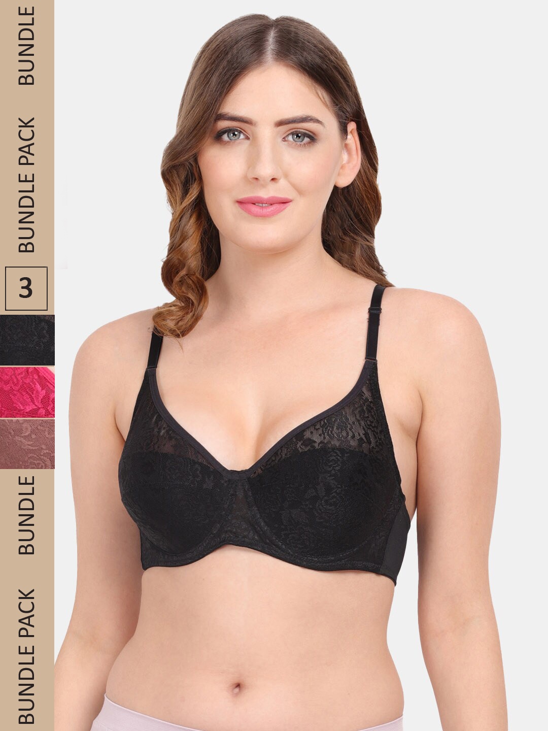 

Amour Secret Pack Of 3 Non-Padded Underwired Push-up Lace Bra, Black