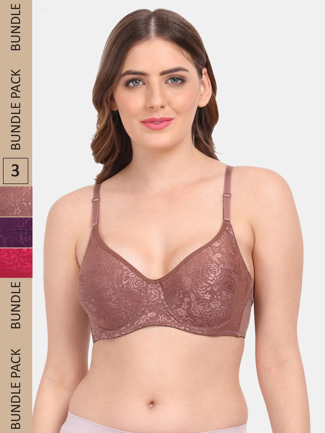 

Amour Secret Pack Of 3 Non-Padded Underwired Push-up Lace Bra, Brown