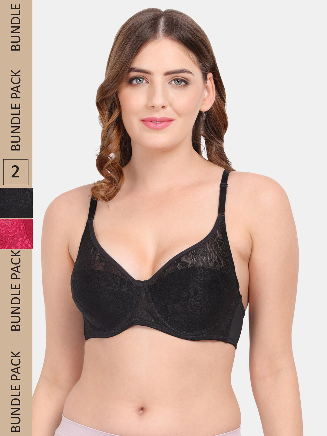 

Amour Secret Pack Of 2 Floral Lace Underwired Non-Padded Push-up Bra, Black