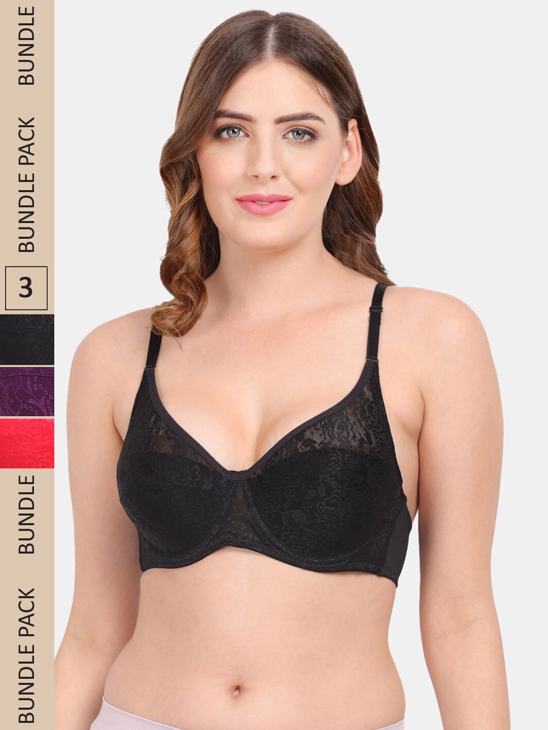 

Amour Secret Pack Of 3 Floral Underwired Non-Padded Push-Up Bra, Black