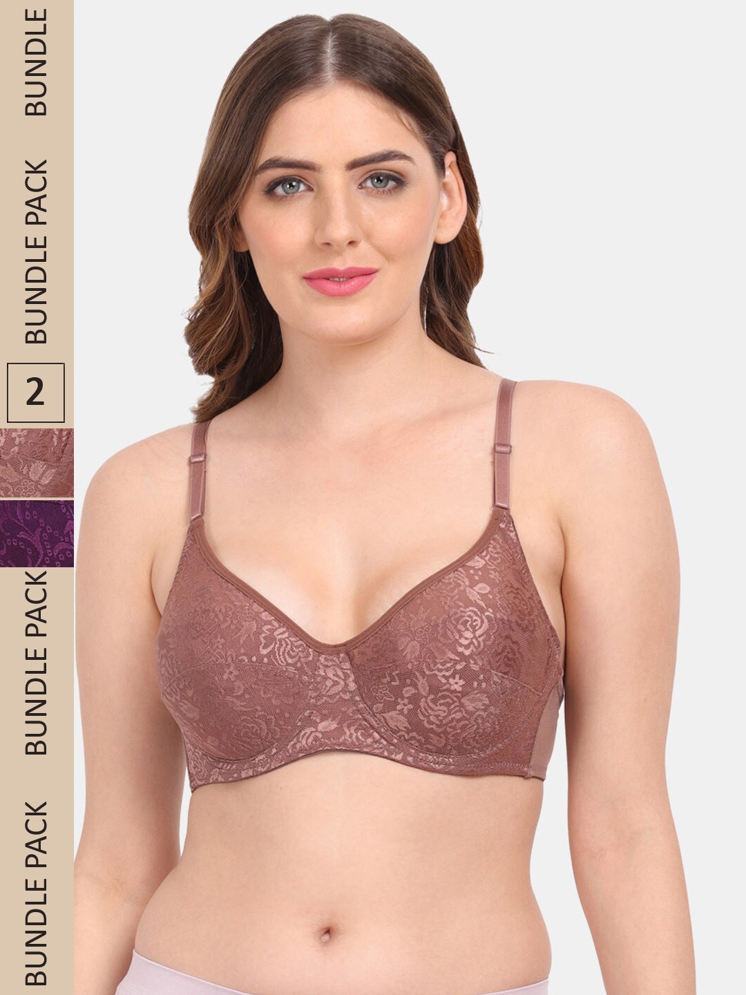 

Amour Secret Pack of 2 Floral Underwired Non-Padded Push-Up Bra, Brown