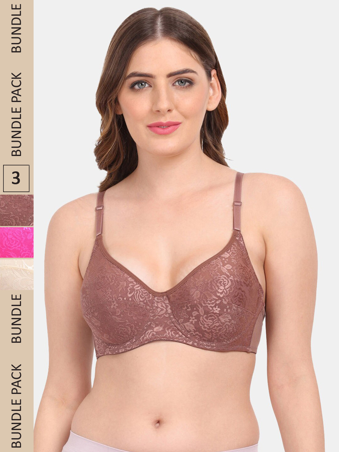 

Amour Secret Pack Of 3 Floral Underwired Non-Padded Push-Up Bra, Brown