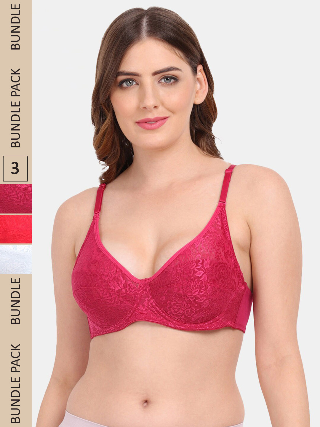 

Amour Secret Pack of 3 Floral Underwired Non-Padded Push-Up Bra, Maroon