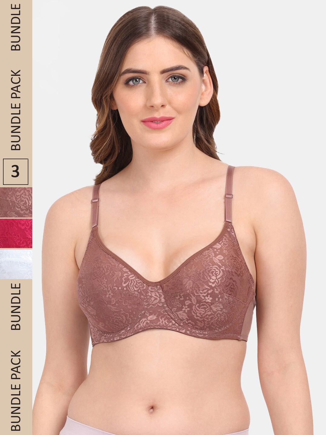 

Amour Secret Pack Of 3 Floral Underwired Bra, Brown