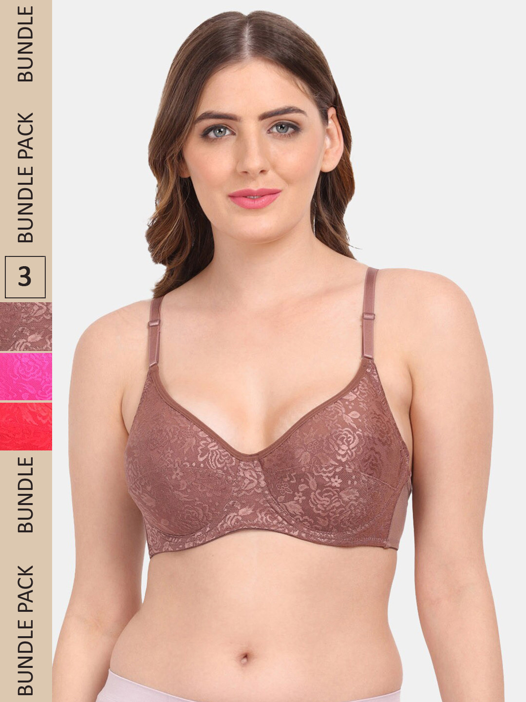 

Amour Secret Pack Of 3 Floral Underwired & Non-Padded Push-Up Bra, Brown