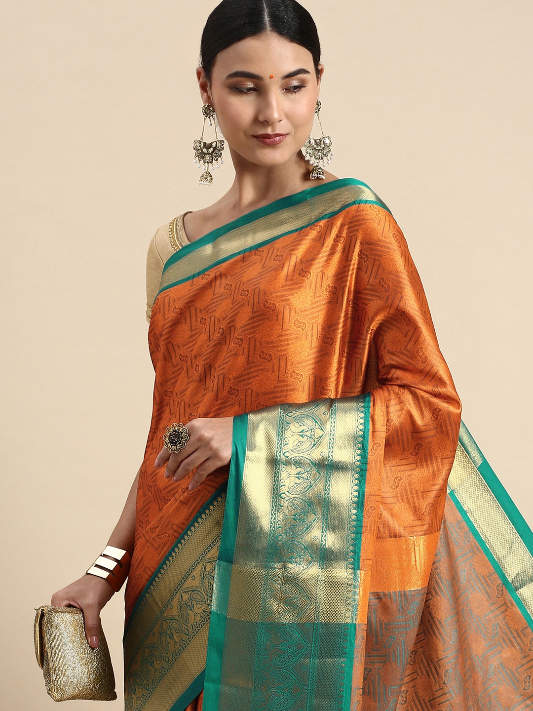 

FASHDEAL Woven Design Ethnic Motifs Pure Cotton Saree, Orange