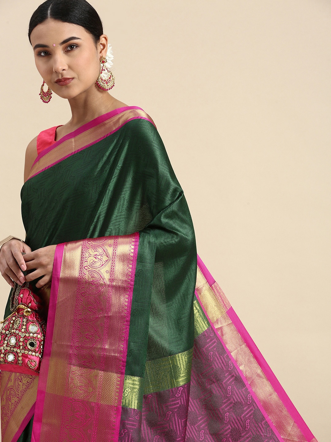 

FASHDEAL Woven Design Ethnic Motifs Pure Cotton Saree, Green