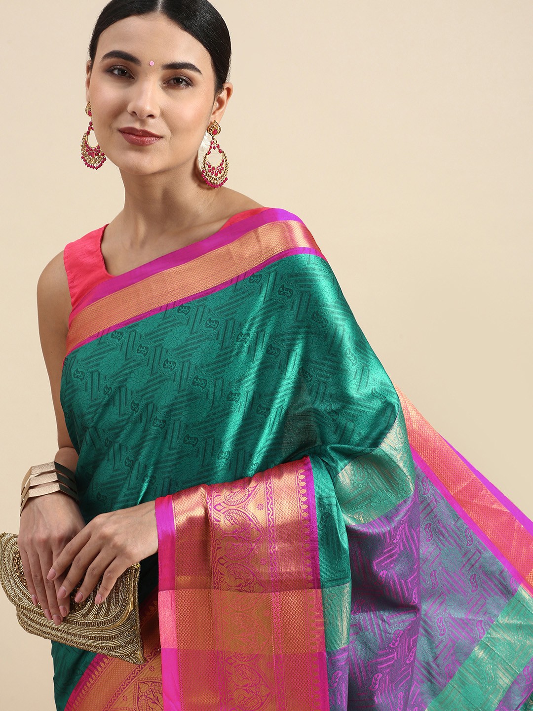 

FASHDEAL Woven Design Ethnic Motifs Pure Cotton Saree, Turquoise blue