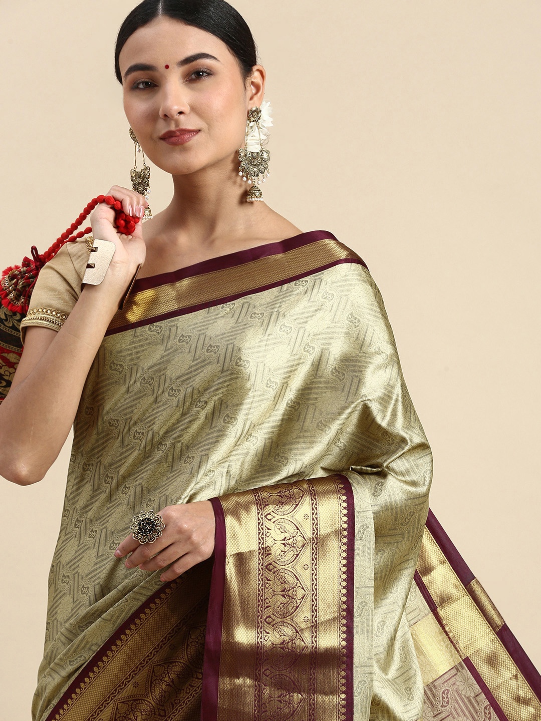 

FASHDEAL Woven Design Ethnic Motifs Pure Cotton Saree, Beige