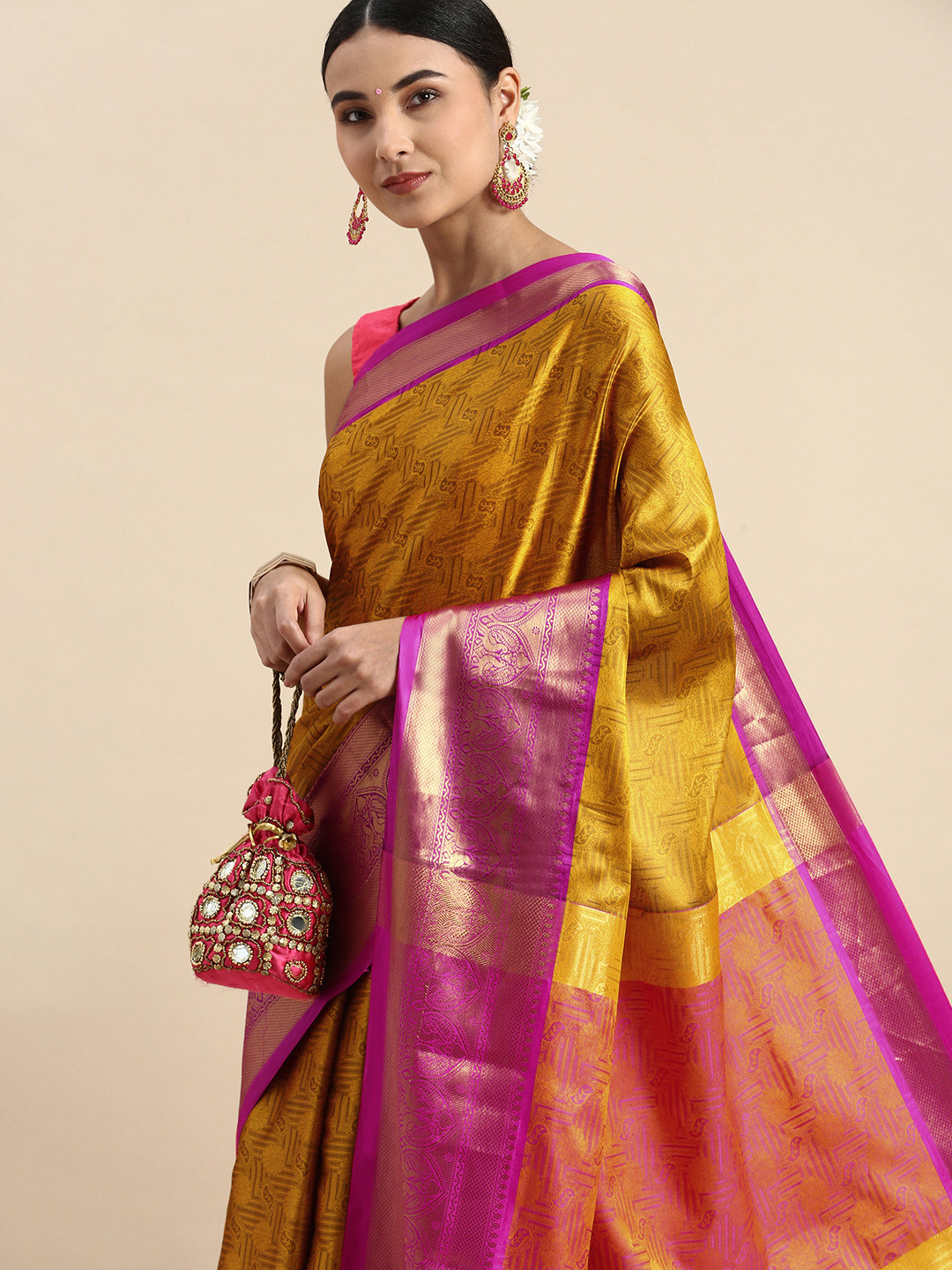 

FASHDEAL Woven Design Ethnic Motifs Pure Cotton Saree, Yellow